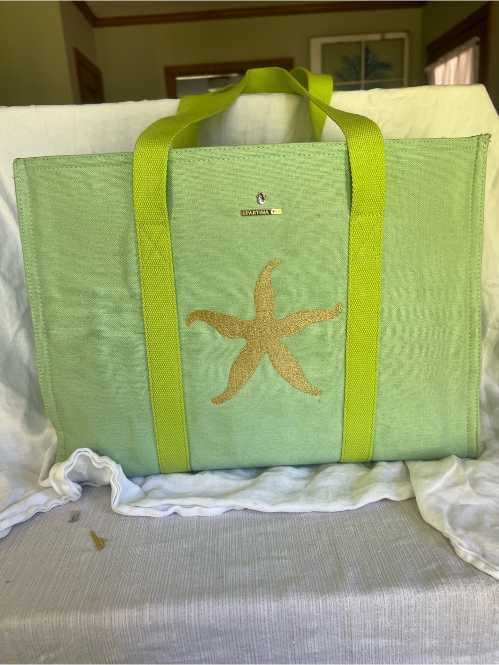 Spartina 449 Light Green Canvas Tote with Gold Starfish